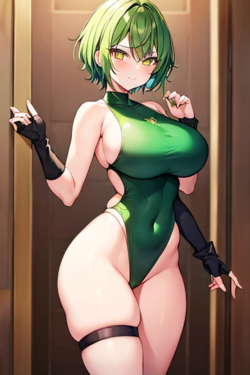 1girl, green hair, very short hair, yellow eyes, smug, smirk, large breasts, wide hips, thick thighs, one-piece swimsuit, competition swimsuit, black one-piece swimsuit, green line, green trim, sleeves, fingerless gloves, bare legs,