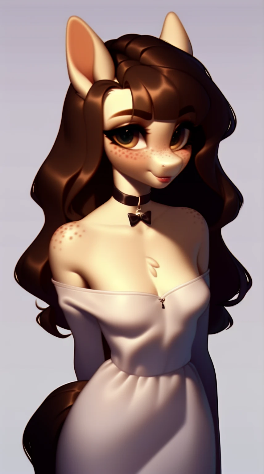 (score_9), (source_ derpibooru_p_95), (earth pony), ((anthro oc pony:1.1)), (shoulderless Bouffant Dress With Choker), shy, blushing, solo, bangs, realistic detailed long hair, anatomically correct, flat chest, curvy figure, high res, pink bottom lip, extremely detailed, young, adorable, junior , absolutely stunning, freckles, bow, eye lashes, filly,