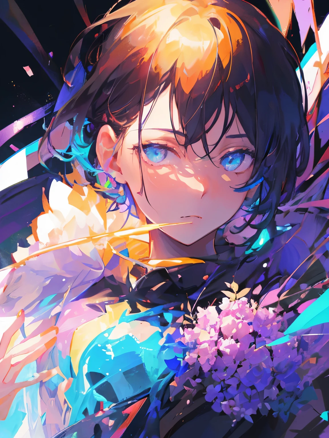 (best quality, highres, ultra-detailed, realistic:1.37), handsome anime boy, galaxy black hair, holding flowers, expressive eyes, delicate facial features, stylish outfit, graceful posture, vibrant colors, dynamic lighting