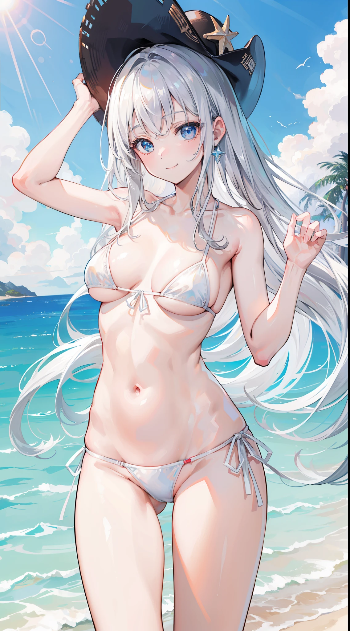 (16k), 8k, best quality, ultra-detailed, high resolution, head on, ((cute girl)), (beautiful eyes), ((sexy pose)), (beach background), (smile), ((cowboy shot)), (from front), (long hair), (silver hair), (white micro bikini), (wind),