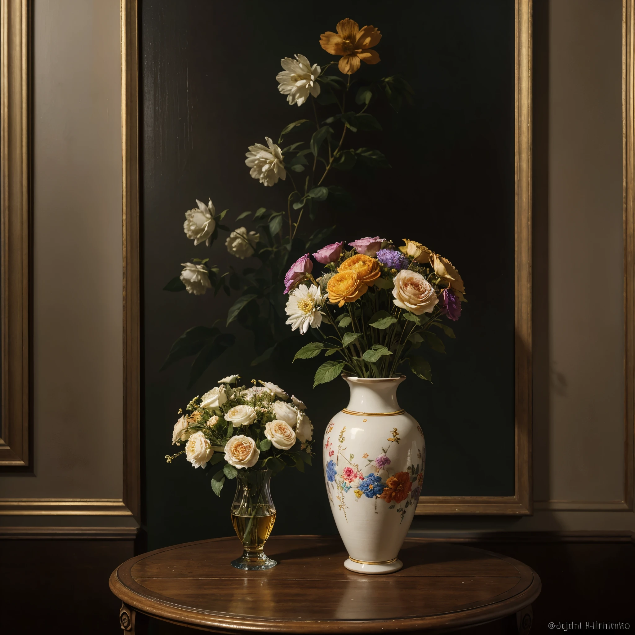 elegantism, insane detail and color, variety of flowers artistically arranged in a decorated luster ceramic vase Robbia - Gualdo Tadino, Thomas Chippendale furniture, realistic style, oil paints applied to canvas, vivid colors and detailed textures, background of the painting is dark with subtly visible vegetation and architectural structures in the distance, chiaroscuro, original oil painting Jan van Huysum, high quality, 8K Ultra HD, high detailed, masterpiece