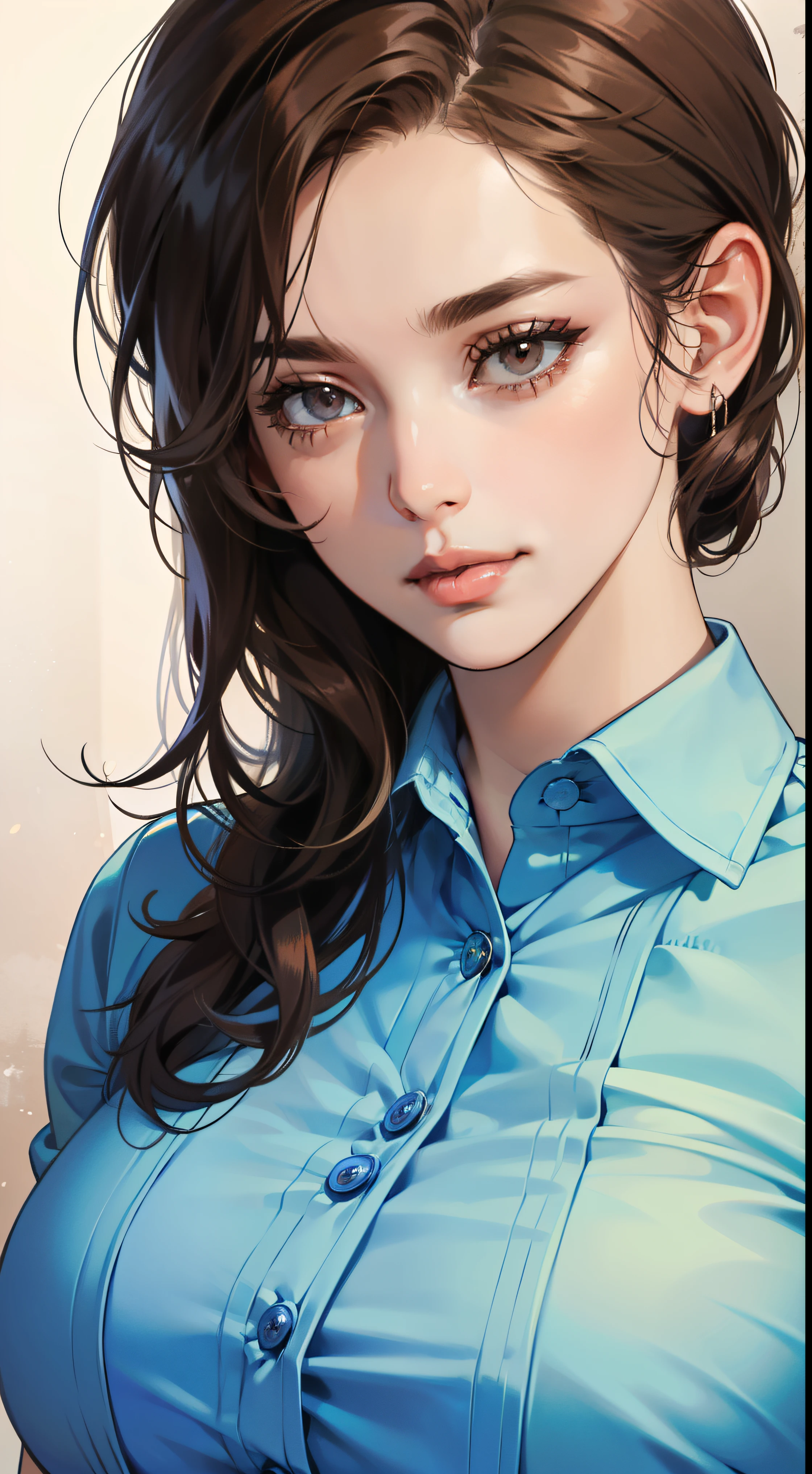 masterpiece, best quality, realistic, 1woman, mature woman, quiet and charming young woman, 25 year old, a smirk, closed mouth, portrait, extremely detailed face, a little distant, ((dark eyes)), ((short-right-swept dark brown hair)), [thick eyebrows], ((shirt)) beautiful, whole body shot , big boobs