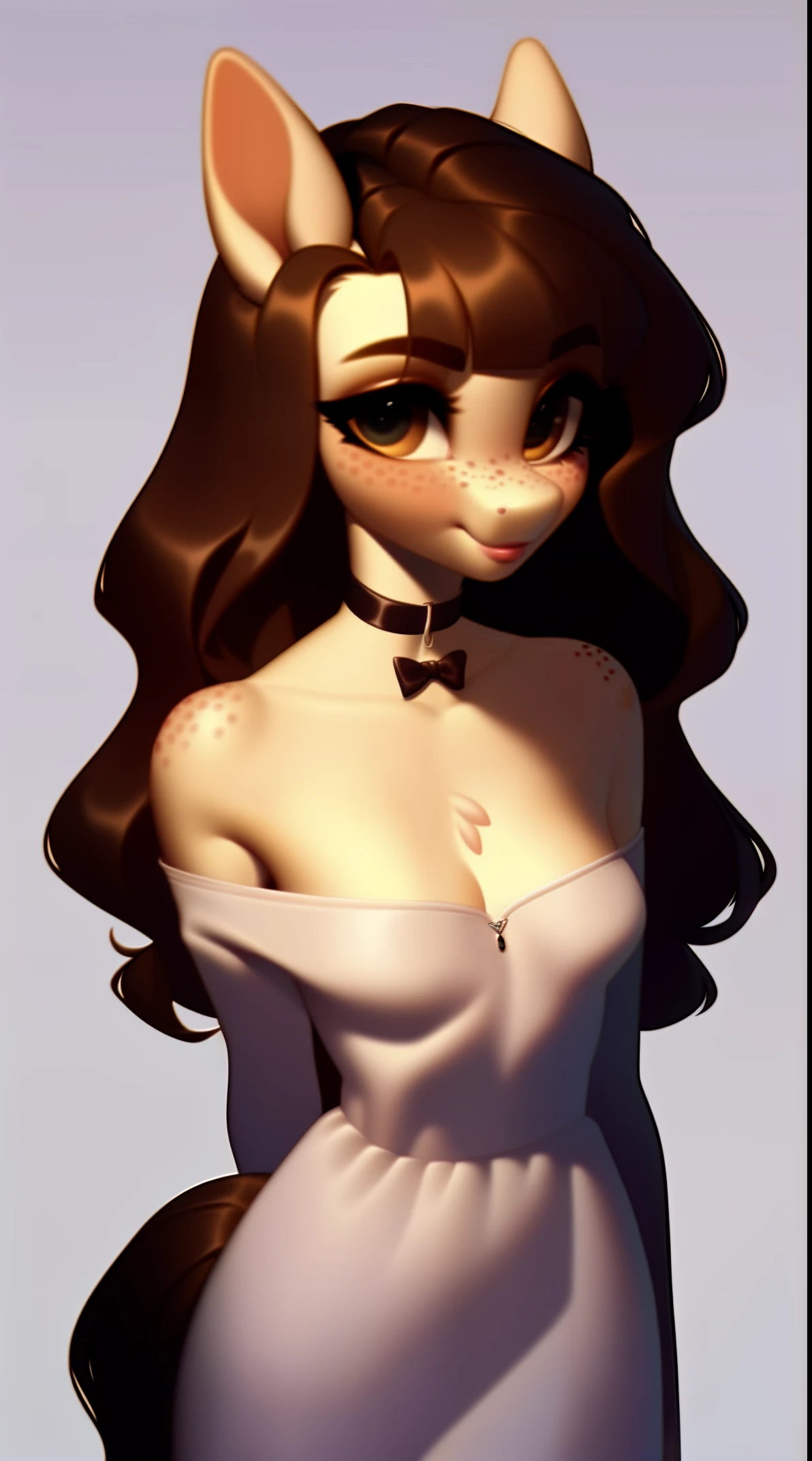 (score_9), (source_ derpibooru_p_95), (earth pony), ((anthro oc pony:1.1)), (shoulderless Bouffant Dress With Choker), shy, blushing, solo, bangs, realistic detailed long hair, anatomically correct, flat chest, curvy figure, high res, pink bottom lip, extremely detailed, young, adorable, junior , absolutely stunning, freckles, bow, eye lashes, filly,