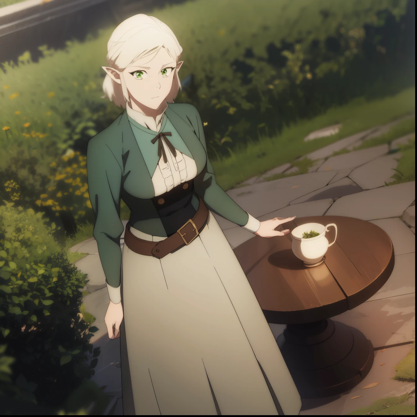 Philomena, Philomena, short hair, blonde hair, (green eyes:1.5), pointed ears,
BREAK skirt, long sleeves, dress, standing, belt, long skirt,
BREAK looking at viewer,
BREAK outdoors,
BREAK (masterpiece:1.2), Best quality, a high resolution, Unity 8k Wallpaper, (illustration:0.8), (beautiful detailed eyes:1.6), very detailed face, perfect lighting, Extremely detailed computer graphics, (perfect hands, perfect anatomy),