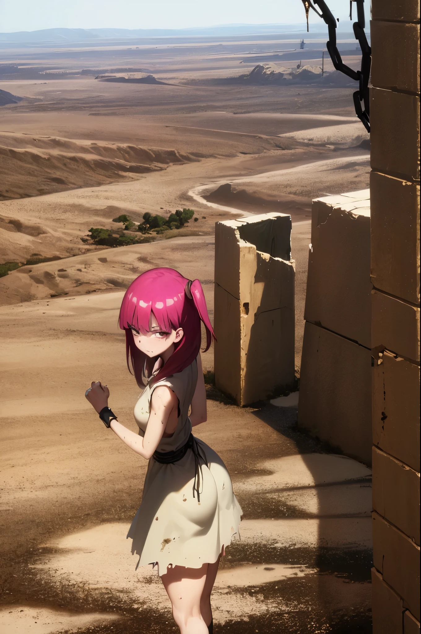 masterpiece, Best quality, 1 girl, Morgianaslave, cowboy shot, Torn dress, muddy, Red eyes, one side up, Red hair, chains, desert ruins, desert background, sand, disgust, Looking at the viewer, Bottom view  