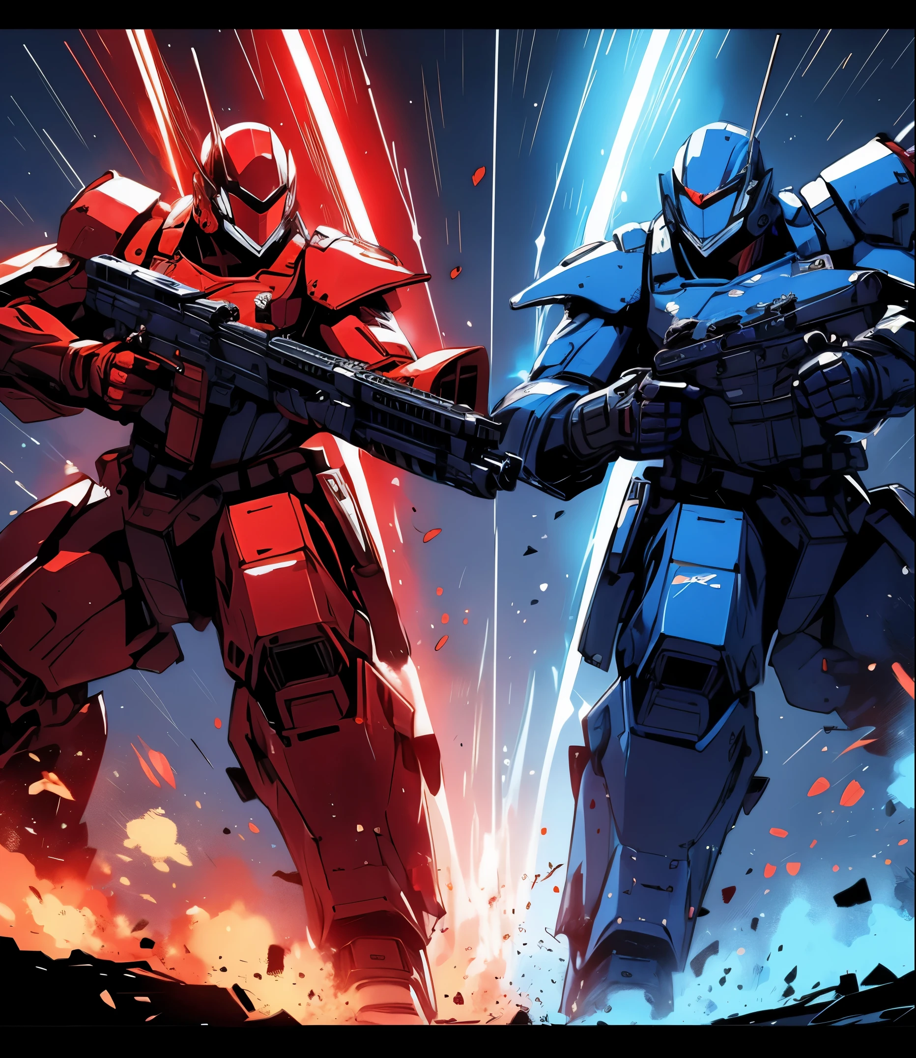 A red force fights against a blue force, 2D. Leucht Effekte, Im Hintergrund steht alles in Flammen