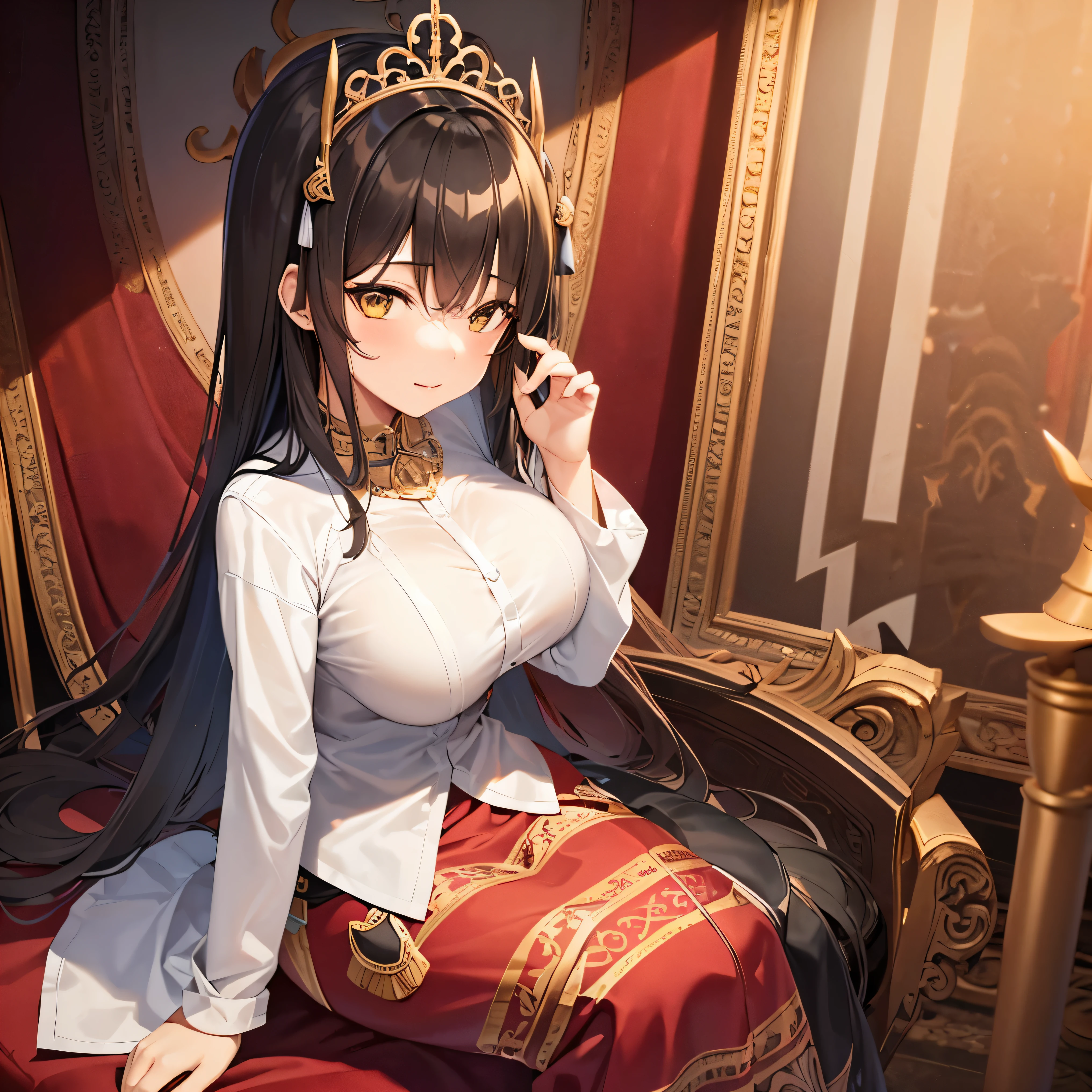 1 girl, black long hair with bang, wearing black long skirt up to breast, sitting on red ruby decorated throne,sexy model pose, studio lighting, studio background, long shot view, 4k, ultra details, ultra texture, perfect anatomy, acmm ls outfit, wearing acmm long skirt, olive green acmm long skirt, printed skirt