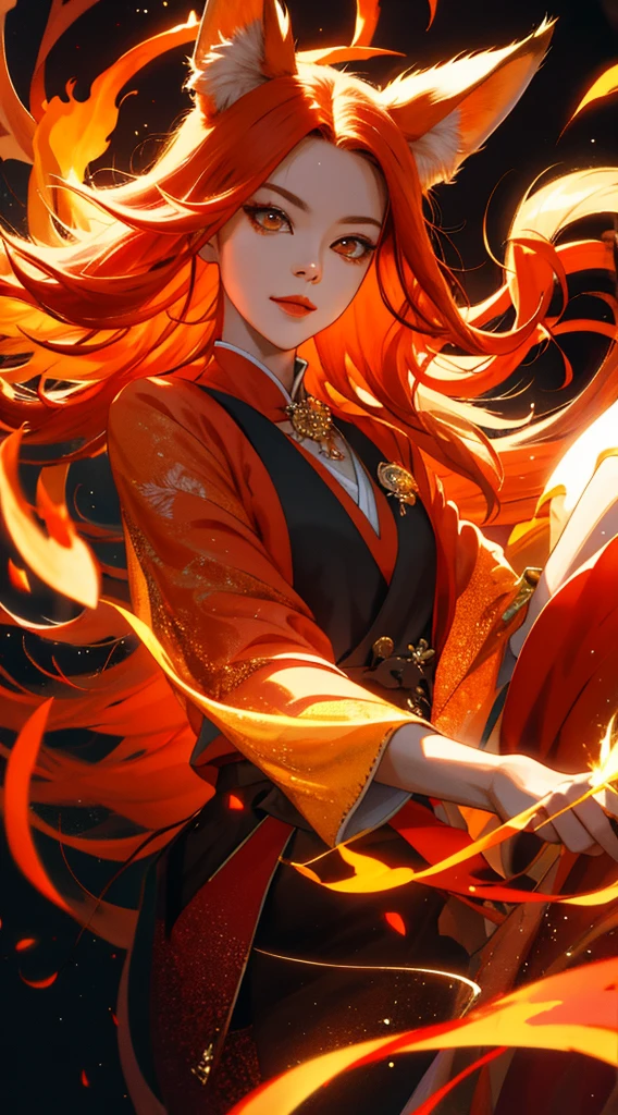 Fox Girl, Red and orange flames,beautiful face,fanciful,rich colourful,Fashionab,复杂,Twinkle dazzlingly,glittery,dynamic angle,High sensitivity,tmasterpiece,8k wallpaper,Best quality,perfect surrealcomposition,glittery,Beautiful 3D rendering,Delicate details,Hyper-Resolution,accuracy,detail render,(highest quality)(Master masterpieces)(High degree of completion)(a sense of atmosphere)tmasterpiece,ultra - detailed (half-body portrait)