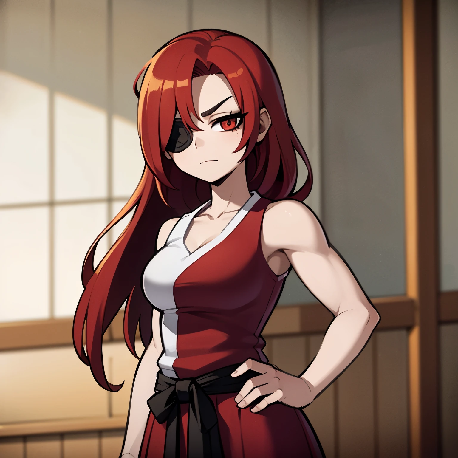 Obra maestra, la mejor calidad, Anime style image of a red-haired girl who wears a Hakama and is holding a katana in her right arm and her left eye is covered by an eyepatch. She is very muscular. Her body is full of cut scars.