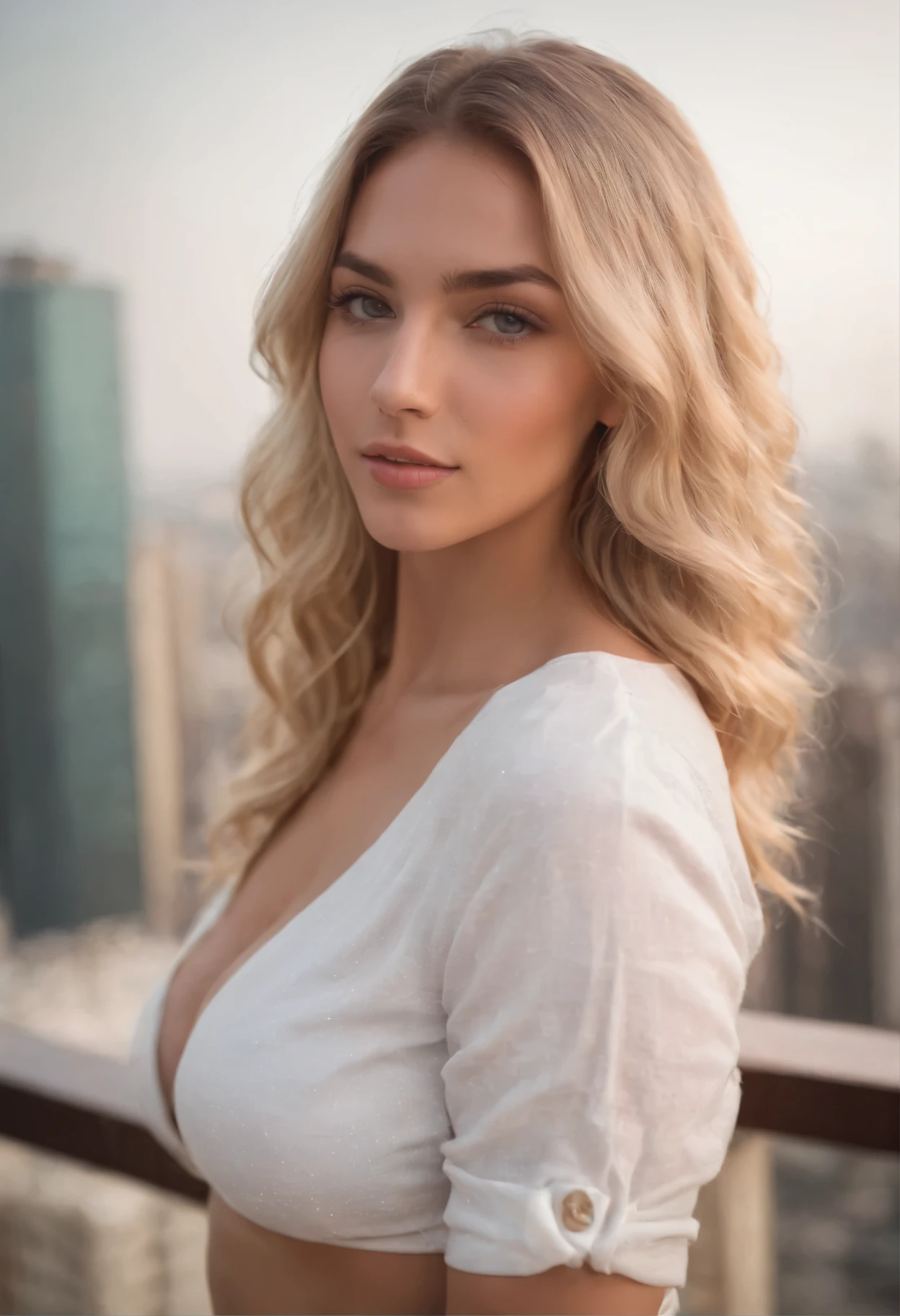 Femme sexy, 20 ans, sexy, athletic, tanned skin, gros seins, narrow waist, curly blonde hair, Instagram template, Realstic, Photo Instagram, photographie, authentique, naturel. Dubai Landscapes, Tall buildings holding hair behind his head