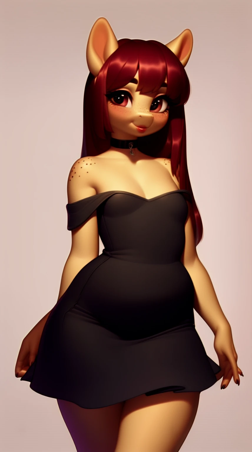 (score_9), (source_ derpibooru_p_95), (earth pony), ((anthro oc pony:1.1)), (shoulderless Bouffant Dress With Choker), shy, blushing, solo, bangs, realistic detailed long hair, anatomically correct, flat chest, curvy figure, high res, pink bottom lip, extremely detailed, young, adorable, junior , absolutely stunning, freckles, bow, eye lashes, filly, chubby, 