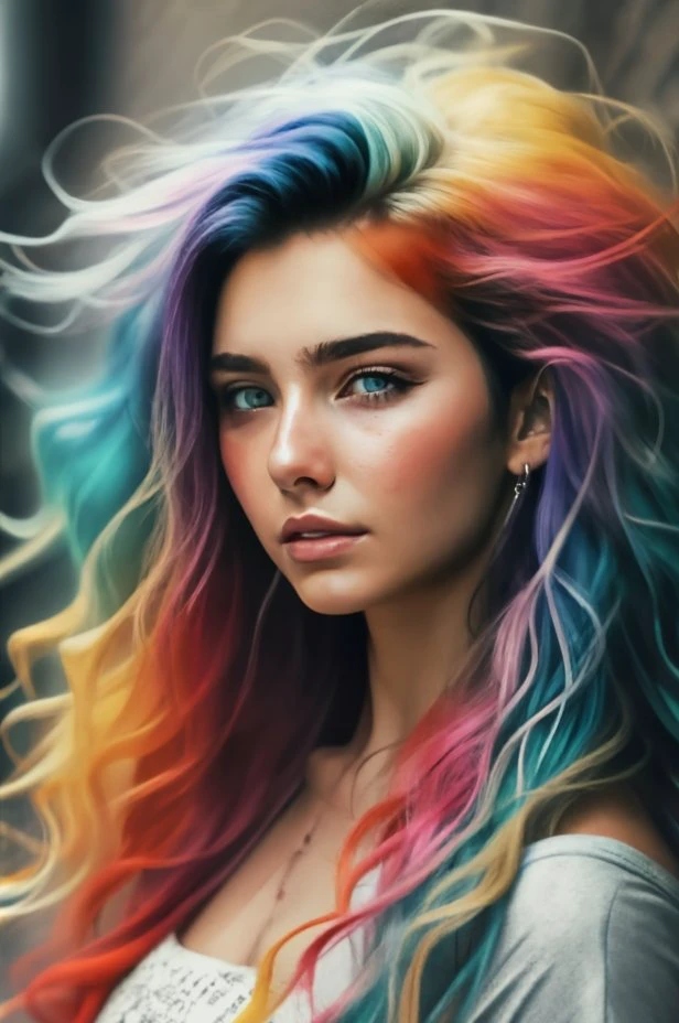 A woman with colorful hair and blue eyes is looking at the camera, rossdraws pastel vibrante, arte digital realista 4k, arte digital realista 4k, pintura digital realista, 4k color photo portrait, ultra pintura digital realista, Linda pintura digital, pintura digital colorida, impressionante pintura digital, arte colorida de fantasia digital, retrato colorido, bela arte uhd 4k