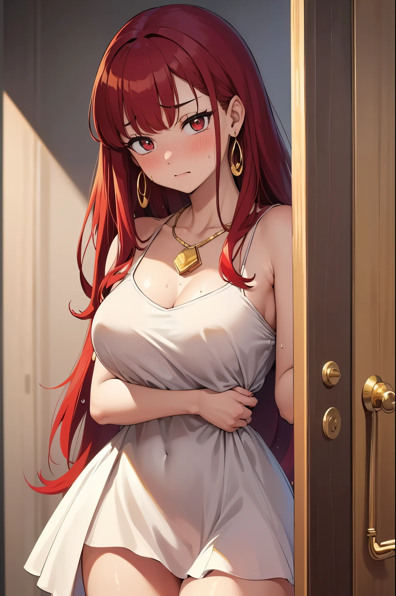 
(masterpiece), best quality, expressive eyes, perfect face, cute, girl, thick thighs, exited, chill,((Embarrassed facial expression)),perfec hand ,looking at viewer,(medium breast),Wet body, sweat,Stimulated, ((1girl)),((girl)), cute girl, young girls,((long red hair)),[red eyes],(Gold necklace),(gold earrings),(long white dress) 