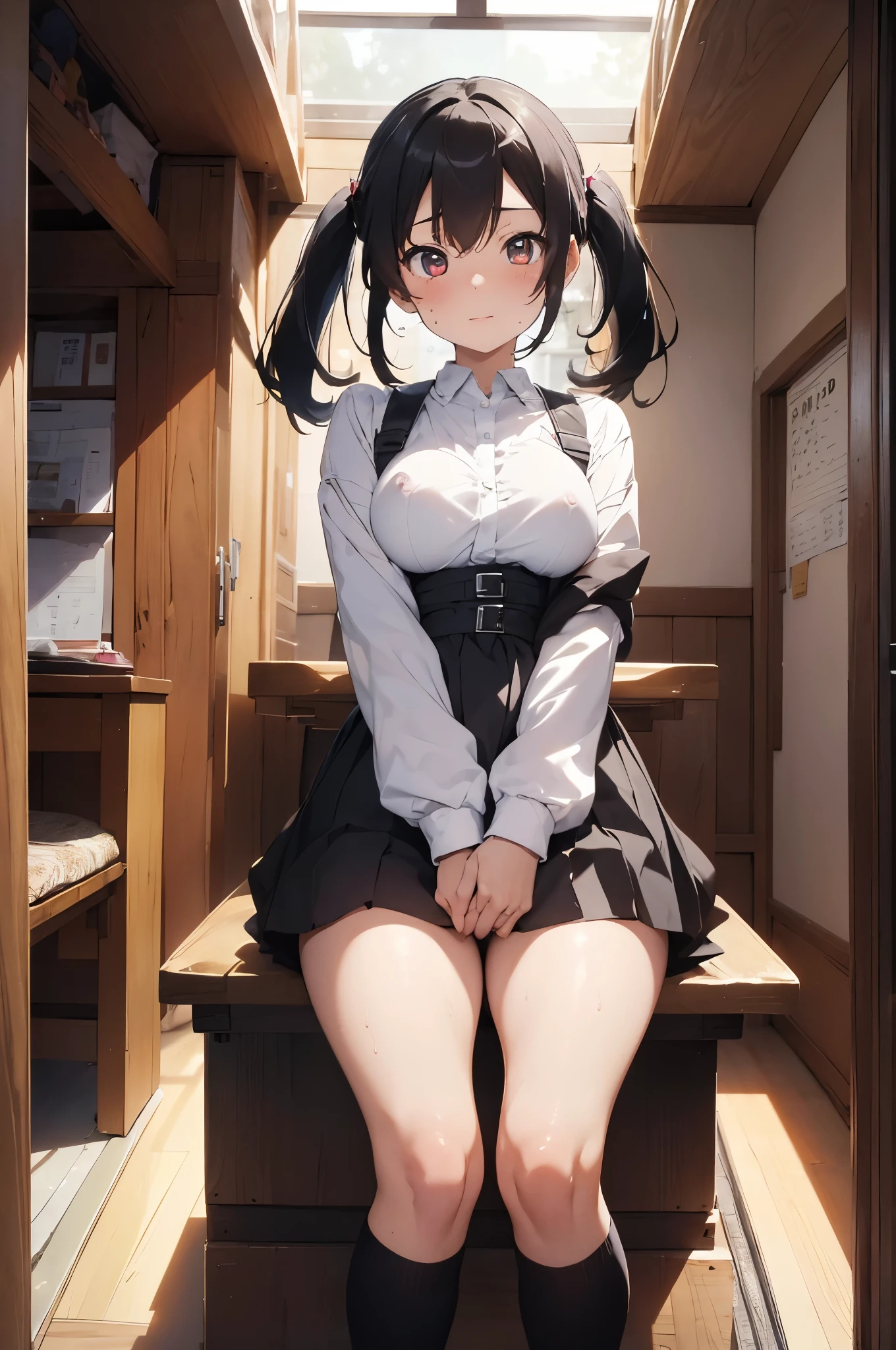 NFSW、masterpiece、Highest quality、Ultra-high resolution、Medium breasted girl、red and large eyes,、Black Hair、Medium Haircut、The inside of the hair has blue coloring.、blush、(Pussy juice)、Spread your legs、Long sweater、In the library