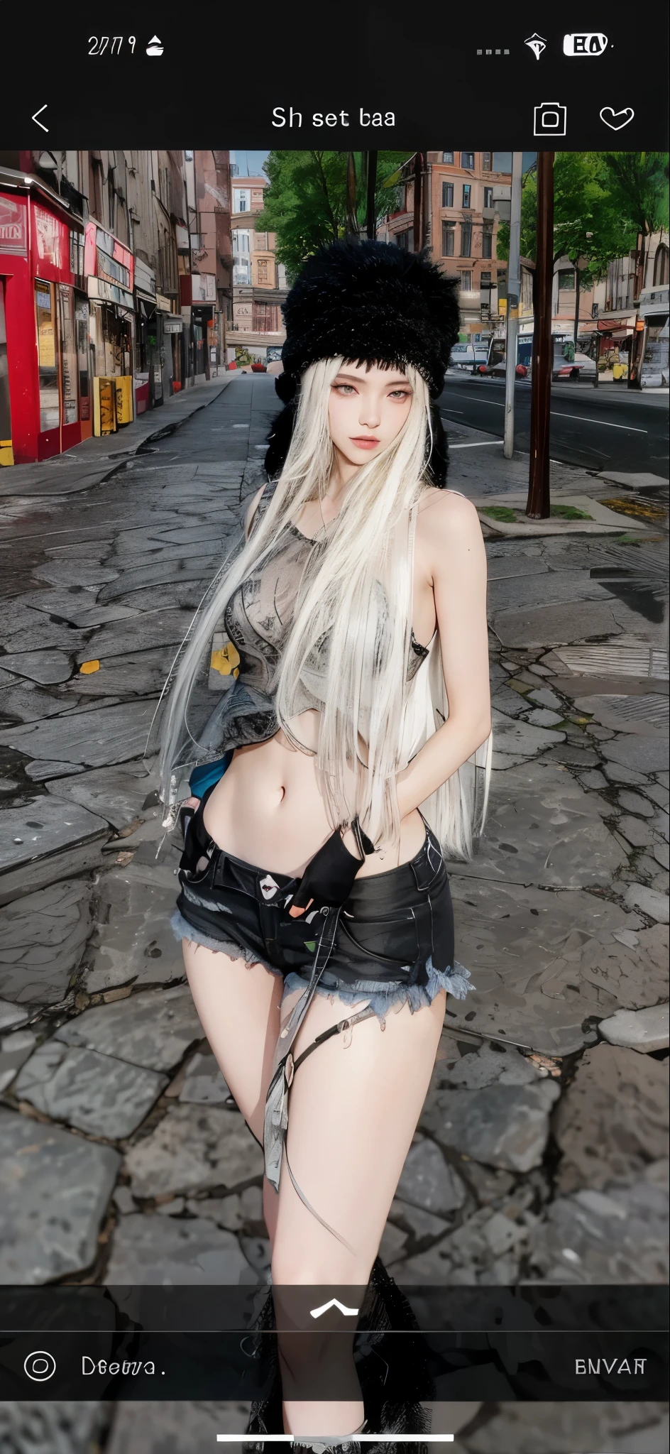1 beautiful girl, long platinum white hair, nice figure, (wearing black bra), torn shorts, big breasts, beautiful long legs, running, face panicked, (medieval European setting), being chased by a group of people, (full body shot), (wide angle panoramic shot), high quality photo.