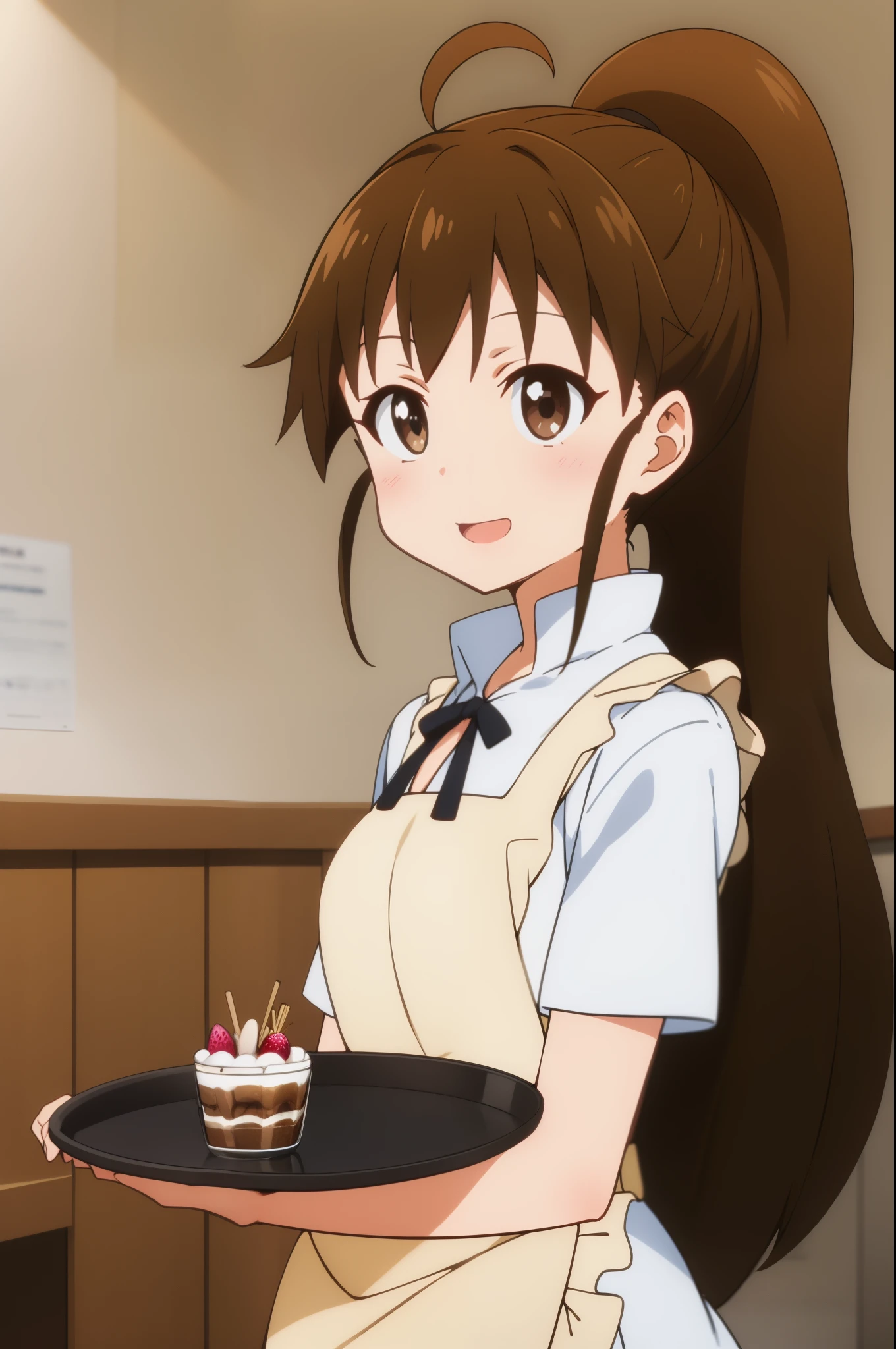 master piece, best quality, ultra high resolution, highest quality, anime style, best writing, beautiful face, poplar, 1 girl, brown hair, ponytail, long hair alone, Ruffled apron, Beige apron, white shirt, ribbon around the neck, black skirt, work at a family restaurant, best smile, open your mouth, (brown tray:1.2), (put on parfait:1.3), Run, low length, petite woman, upper body