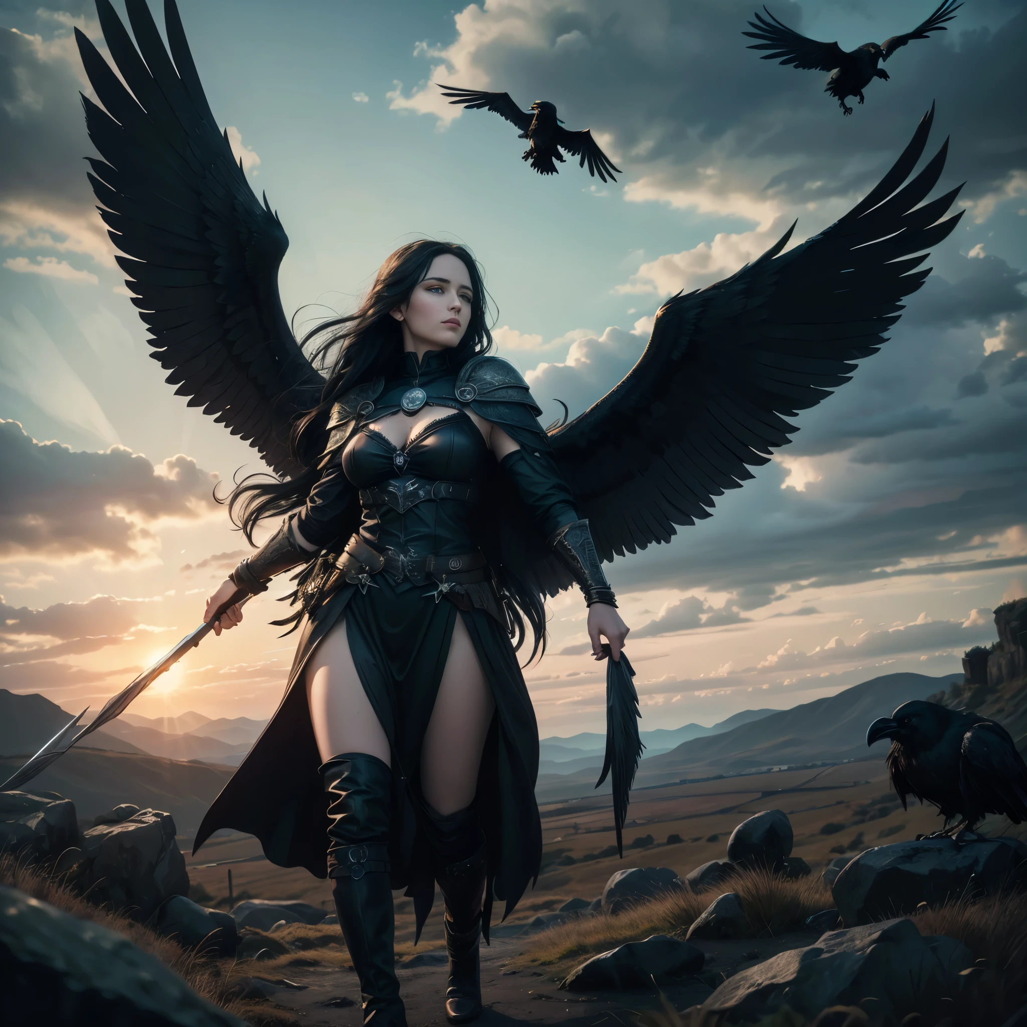 (best quality,4k,8k,highres,masterpiece:1.2),ultra-detailed, Irish Goddess the Morrigan, 3v4gr33n, raven black hair, cold dark eyes, standing on a celtic battlefield, sky filled with ravens, corpses on the ground, drawn in the style of Yoshitaka Amano, HDR, 8k, absurdres, cinestill 800, sharp focus