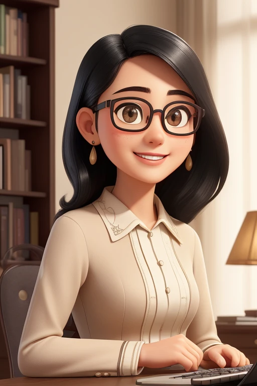 (highest quality,super detailed,realistic:1.37)oil、laptop in front、60 years old、information collector、black hair、Shortcuts to the shoulder、round face、Wear glasses、A gentle smile that envelops you、Unbleached beige long-sleeved dress、Highly curious、I love talking to people.。Bookshelf in background。soft lighting。
