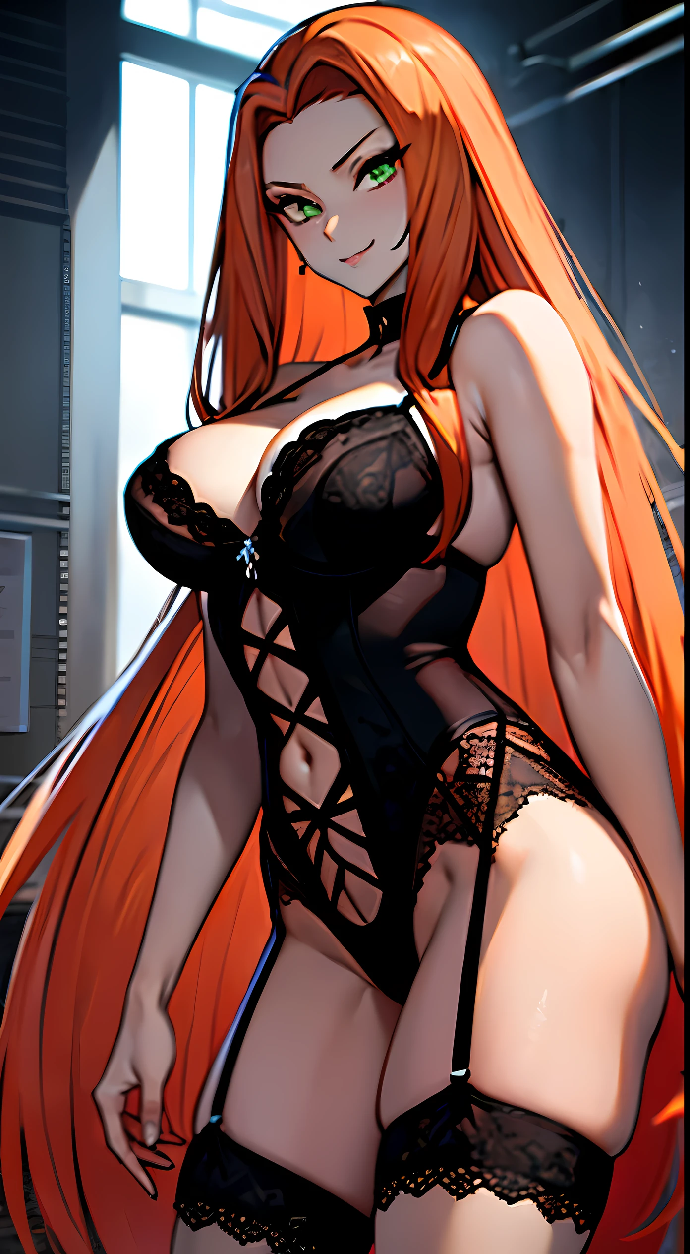 ((masterpiece)), ((best quality)), ultra detailed, detailed background, orange hair, Long Hair , green eyes, thin eyes, extreme large breast, long hair,, highest details, sexy, focus, Alluring, long legs, ((breasts shot)), (((wearing black lingerie ))), hentai style, sensual smile, erotic, erotic body, sexually suggestive, hentai body, sensual pose, naughty face, aroused body, on an office