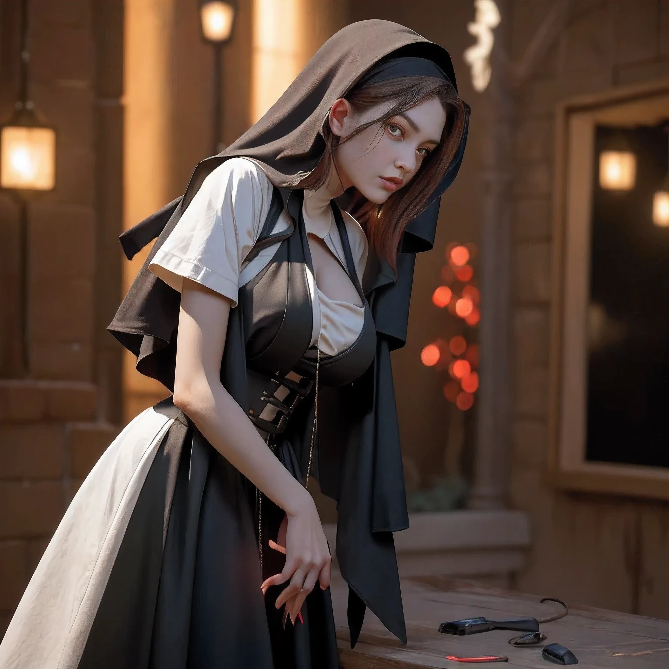 (in 8K，Raw photo，top-quality，超A high resolution，​masterpiece：1.2)，(Photorealsitic：1.37)， (Gothic nun huge breasts), Set in the 1990s, Surreal makeup, Leather clothes with bare naked breasts in front of a jesus Christ Cross in the Gothic style at night, neon light, Very dark, Horror, Red hue, Sony A7III, movie的ライティング, movie, grain, UHD Face, volumetric shadow