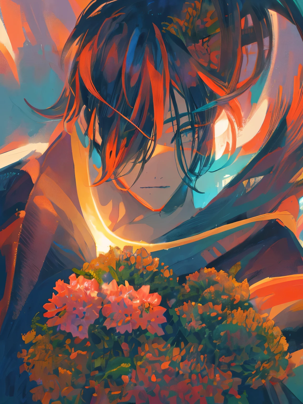 (best quality, highres, ultra-detailed, realistic:1.37), handsome anime boy, galaxy black hair, holding flowers, expressive eyes, delicate facial features, stylish outfit, graceful posture, vibrant colors, dynamic lighting