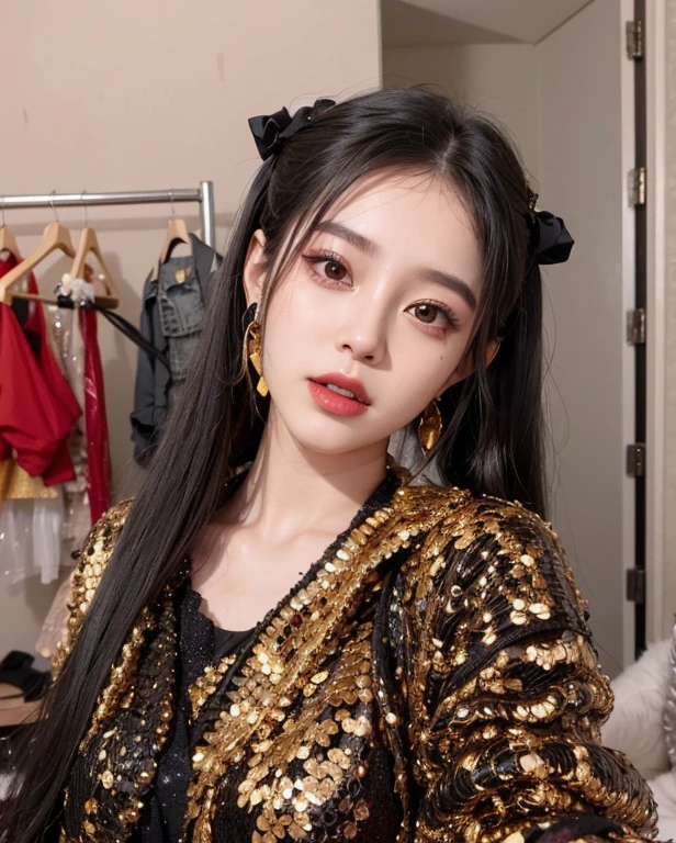 araffe wearing a black and gold sequin top and a black scarf, Ulzzang, ju jingyi, female chinese idol portrait, Bela Delfina