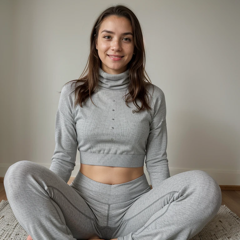 23-year-old hyper-realistic Latin girl with freckles, mood selfie for instagram, Ultra Definition, (photoreallistic: 1.4), 8k, calidad premier, cara delicada, maquillaje natural, foto raw, iphone, HDR, Coqueteando con el espectador, wearing a gray turtleneck sweater and branded yoga pants, lululemon, comfy, sitting, posing for a picture, subject focus, striking a pose, smiling, perfect lighting, jewelry, solid gray background