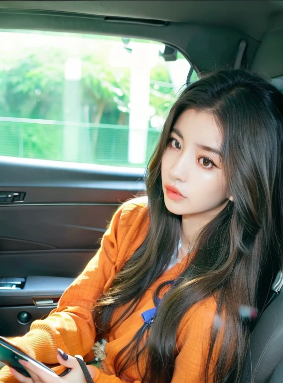 mulher araffe sentada em um carro olhando para o celular, bae suzy, cai xukun, Xintong Chen, Sha Xi, Zmonzheng, Xianxia, imagem vazada, fotografia selfie 8k, full body Xianxia, Xisionwu, sakimichan, wenfei, ju jingyi, sentada no carro dela, Ulzzang
