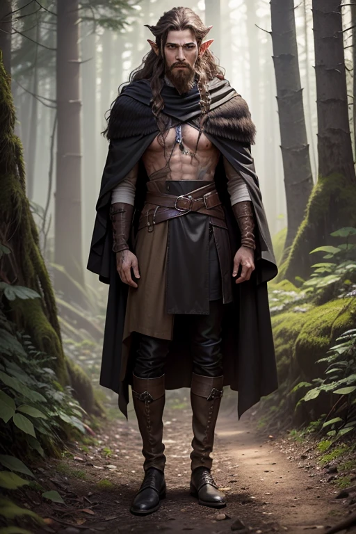 full body shot:1.1, of a tall male elven druid, really dirty skin covered with dirty mud and leaves, with very long elven ears, scar in the face, with extremely long full messy curly beard, wearing a brown druidic cloak with animal skins, brown eyes, extremely long black really messy curly hair, black eyebrows, pitch-black leather boots, extremely black leather gloves, black leather pants, in the forest, centered, full body shot, wide angle
