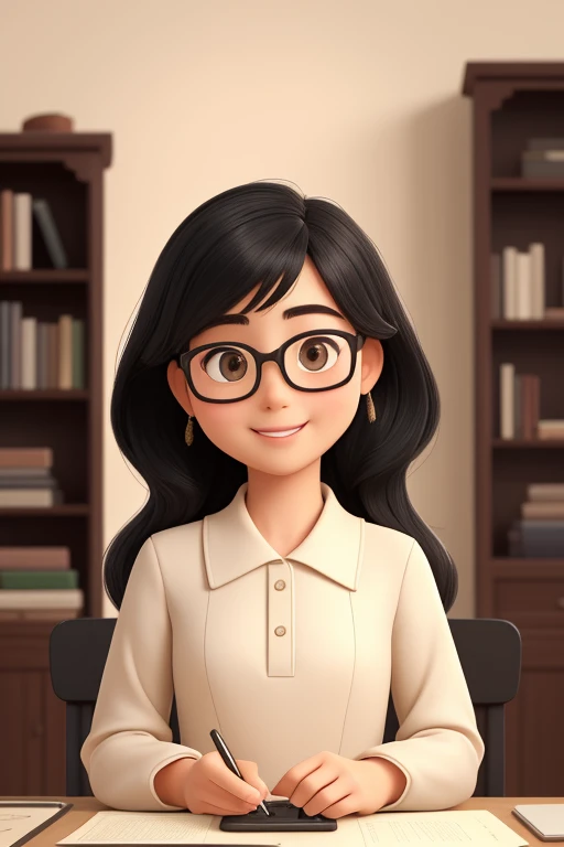 (highest quality,super detailed,realistic:1.37)oil、laptop in front、50 years old、information collector、black hair、Shortcuts to the shoulder、round face、Wear glasses、A gentle smile that envelops you、An unbleached beige long-sleeved low-waisted dress that covers the shoulders.、Highly curious、I love talking to people.。Bookshelf in background。soft lighting。