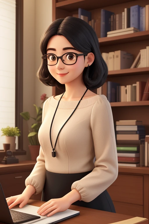 (highest quality,super detailed,realistic:1.37)oil、laptop in front、50 years old、information collector、black hair、Shortcuts to the shoulder、round face、Wear glasses、A gentle smile that envelops you、An unbleached beige long-sleeved, low-waist, round-neck dress that hides the shoulders.、Highly curious、I love talking to people.。Bookshelf in background。soft lighting。
