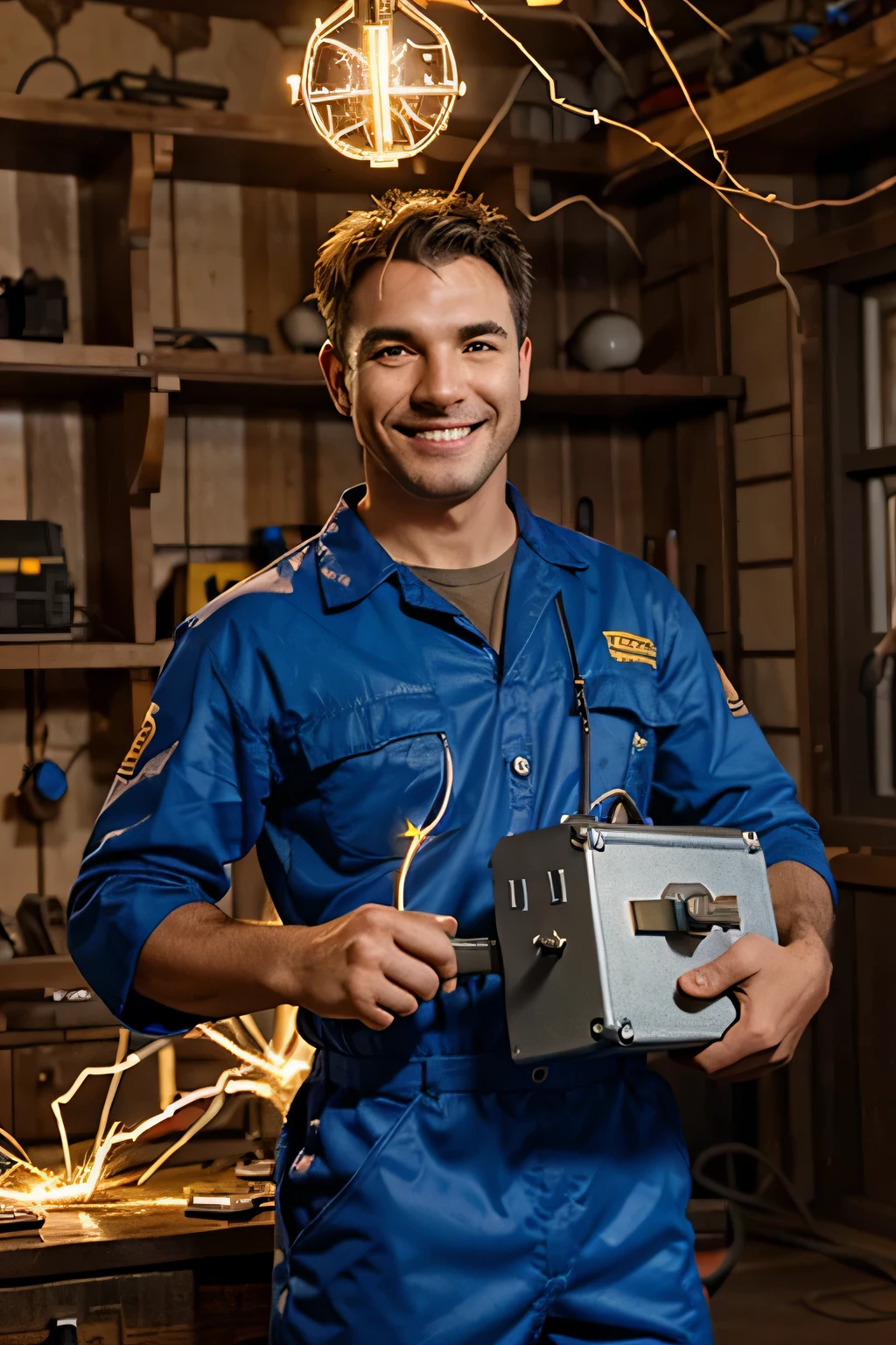 “Draw an animated electrician in a fantasy world, holding a toolbox that emits electrical sparks. He has a confident smile as he uses his electrical powers to light up a fairytale town.”