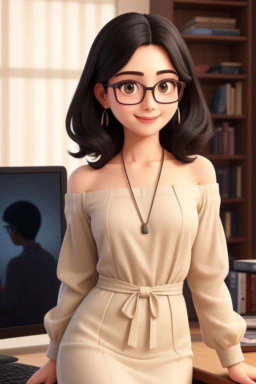 (highest quality,super detailed,realistic:1.37)oil、laptop in front、50 years old、information collector、black hair、Shortcuts to the shoulder、round face、Wear glasses、A gentle smile that envelops you、An unbleached beige long-sleeved, low-waist, round-neck dress that hides the shoulders.、Highly curious、I love talking to people.。Bookshelf in background。soft lighting。
