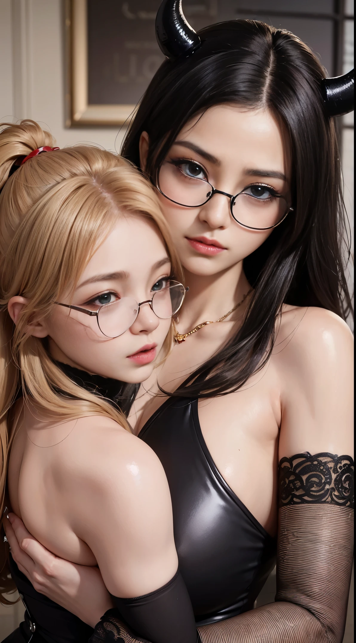 Are you okay、(best illustrations)、8k UHD resolution、intricate details、highest quality、realistic、super detailed、best lighting、best shadows、soft lighting、ultra hd、超realistic、Tyndall effect、Photoreal、(high detail skin:1.2)、 (intricate details, compensate, Pueros face_v1:0.5), (Detailed Beautiful and Delicate Face, Fine, beautiful and delicate eyes, perfectly proportioned face, high definition skin, fine skin, Optimal ratio of 4 fingers and 1 thumb, arm under chest, red tattoo on lower stomach、wow wow, wide hips, smooth abdomen, skin is thin and thin, __fashion__, __hair__:1.25)、Digital single-lens reflex camera、 不条理なrealistic作品: 1.3), (maximum resolution: 1.2), (Ultra HDTV: 1.2), cinematic light, fine eyes and skin, detailed facial features, , (sharp focus: 1.2）, (focus on face:1.2),perfect style, beautiful face, acura, anatomically correct, Highly detailed face and skin texture, fine eyes, double eyelid, thin eyebrows, glitter eyeliner: 1 natural cheeks, Glossy skin, Fair skin: 1.2, (glossy lips: 1.4),(embarrassed look: 1.2),Highly detailed face and skin texture, fine eyes, double eyelid, natural cheeks,  glossy lips: 1.4,exposed cleavage、Bewitching。fascinating、Dark black hair、Small Devil、evil nun、Torn monastic clothing、corset fishnet stockings、chest is emphasized、((((giant glasses, otaku glasses, thick glasses, round glasses)))),(((big breasts)))、The long-haired、hair without braids、Ponytail distortion、, Ponytail with a bow tied at the back of the hair, beautiful expression、body up、Big breasts emphasis, super tight chest, Breast augmentation surgery, The breasts are very big and round,tight waist、wide ass、intricate tattoo, demonic intricate tattoo, thigh tattoo, body tattoo, red sparkling gemstone necklace、Jewelry G-Wise, wear black mesh socks,Wearing light red、nffsw, nffsw, meet beautiful girls, look at the girl&#39;s body, bat wings，(((devil&#39;s horns)))、(devil&#39;s tail)、in the dark、(detailed spooky background:0.8), 2 girls、(Girl hugging a girl)、(金hair_very cute_beautiful expression_cute face_length hair_lingerie_View from the front_Being hugged_young girl)、((exposed panties))、(((Hugging a girl from behind_Grabbing a girl by the shoulders_のlingerieをつかむ_with a girl)))、sit on top、(lie on your back)、bed、((絡み合ったtentacle :1.2 ))、(絡みつくtentacle ), (tentacle :1.2)