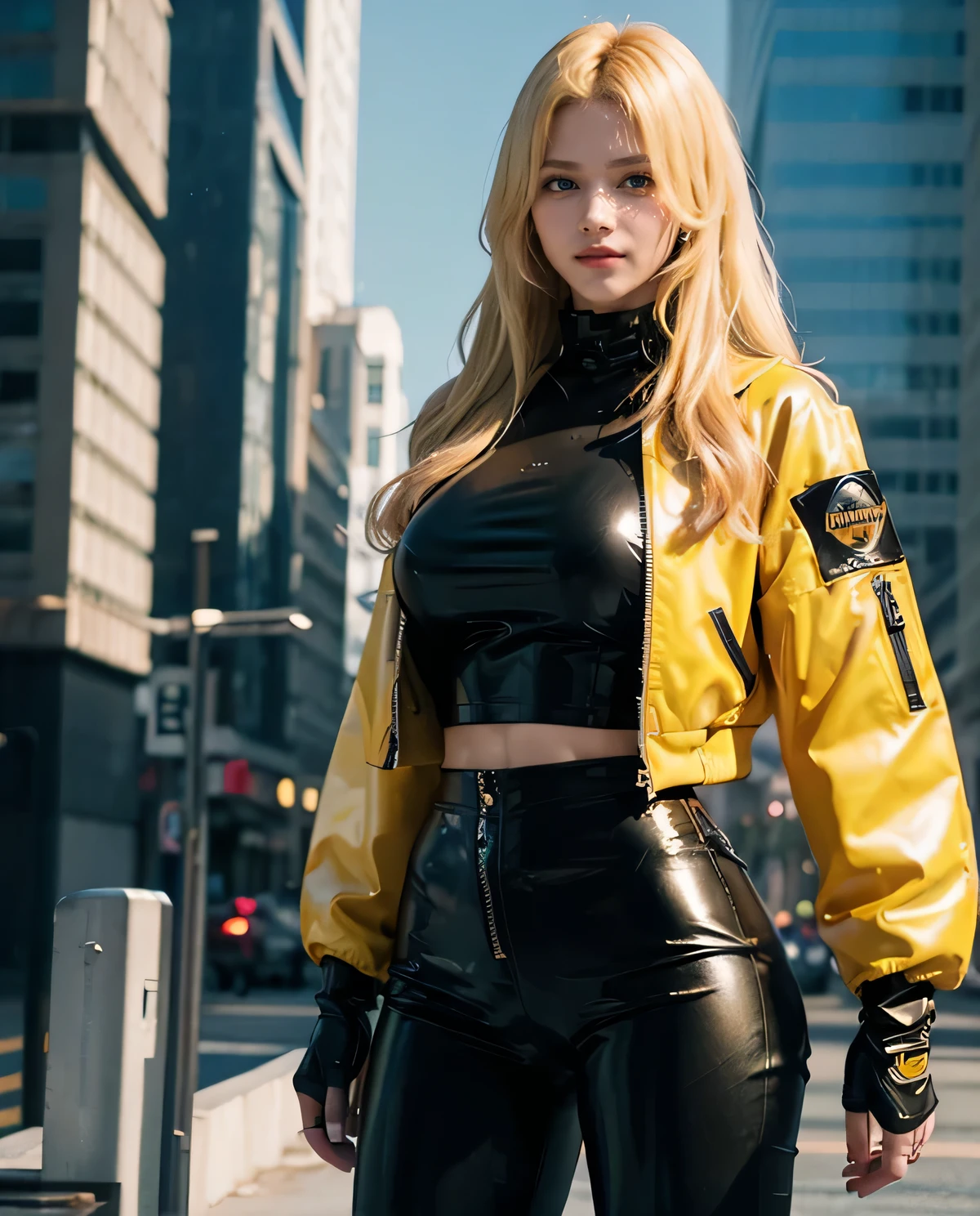 the finals game, view from the top, a busty blonde girl falls to her knees, cyberpunk hairstyle, in a black and yellow unbuttoned jacket, open neckline, a bullet pendant on her neck, smiling, full length, against the back. of coins falling from the sky, 8k art realism, graphics, comics, anime, sketch, grotesque, pencil, grunge, panorama