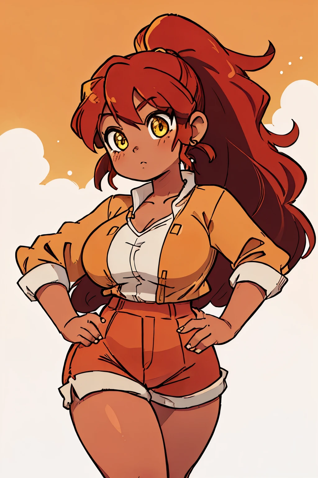 ((masterpiece,best quality)), Brown skin, yellow eyes, long red hair, big breasts, big hips, hair between eyes, hair flares out, 1girl, solo, brown-skinned female, red-haired female, front view, plump thighs, ponytail, shorts