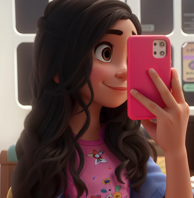 Uma segurando um celular estilo disney pixar, alta qualidade, melhor qualidade