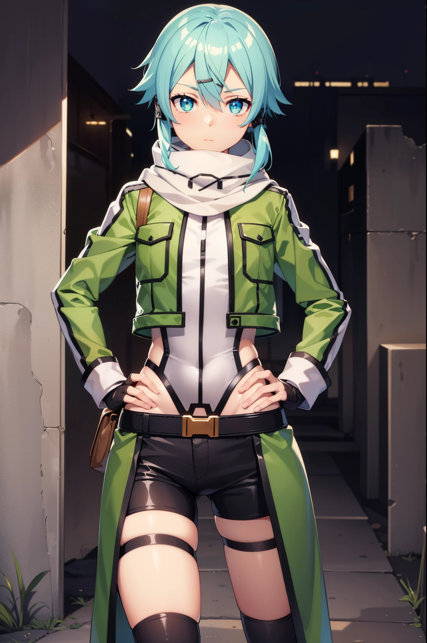 (masterpiece), best quality, expressive eyes, perfect face, highres, sinon1, scarf, fingerless gloves, long sleeves, short shorts, hair ornament, hairclip, green thighhighs, green jacket, thigh strap, hands on hip, field, ruins background, standing, cowboy shot, looking at the viewer