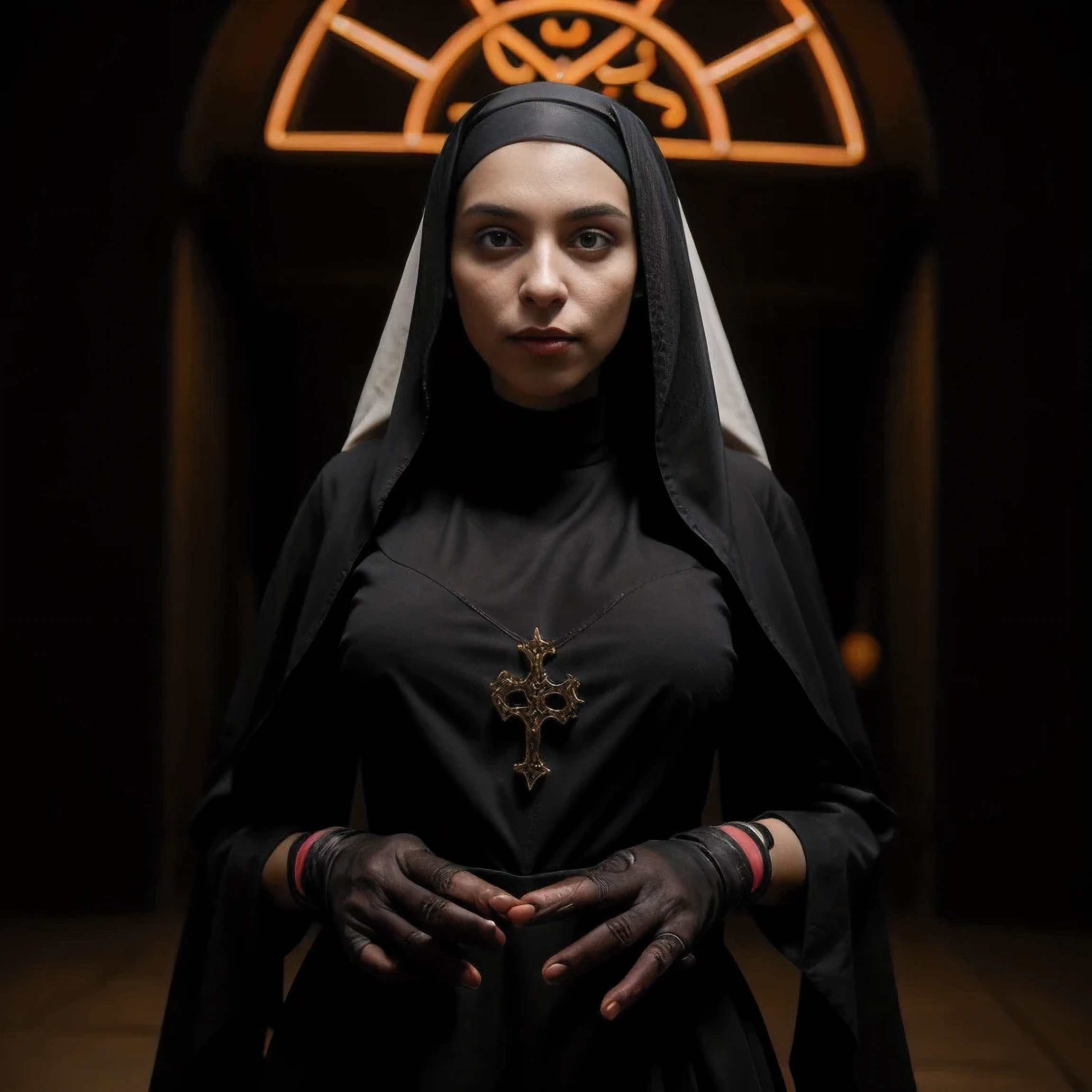 (in 8K,Raw photo,top-quality,超A high resolution,masterpiece:1.2),(Photorealsitic:1.37), (Gothic nun huge breasts), Set in the 1990s, Surreal makeup, Leather clothes with bare naked breasts in front of a mosk with muslim men around her at night, neon light, Very dark, Horror, Red hue, Sony A7III, movie的ライティング, movie, grain, UHD Face, volumetric shadow