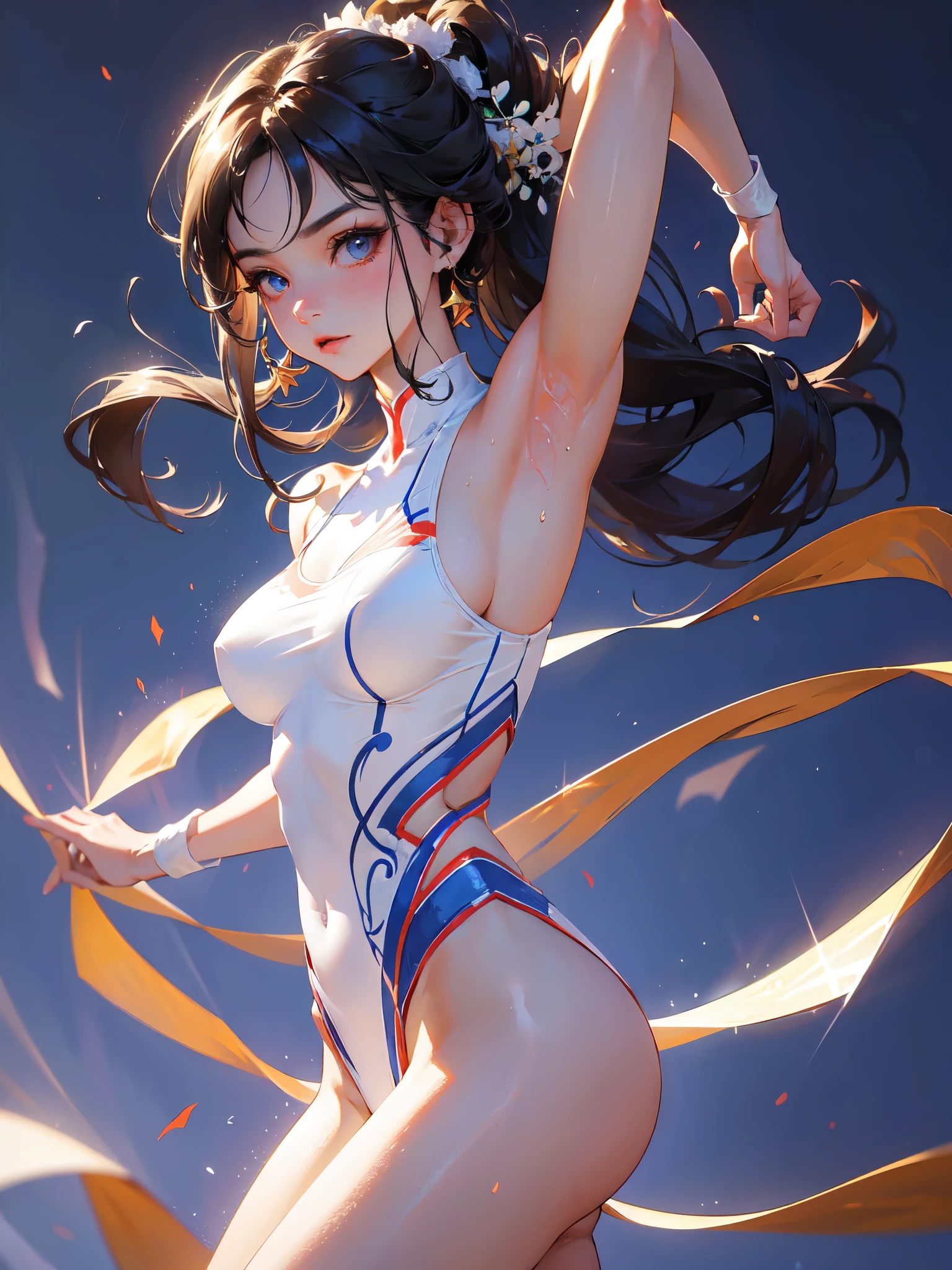 high quality,hd,16k,sharp line,1girl,female rhythmic gymnast ,cute face, large breasts, slender body, delicate body,nice legs, sweat,in rhythmic gymnastcs venue,focus girl,detailed beautiful face,detailed clothes,beautiful eyes,pretty,dynamic angle
