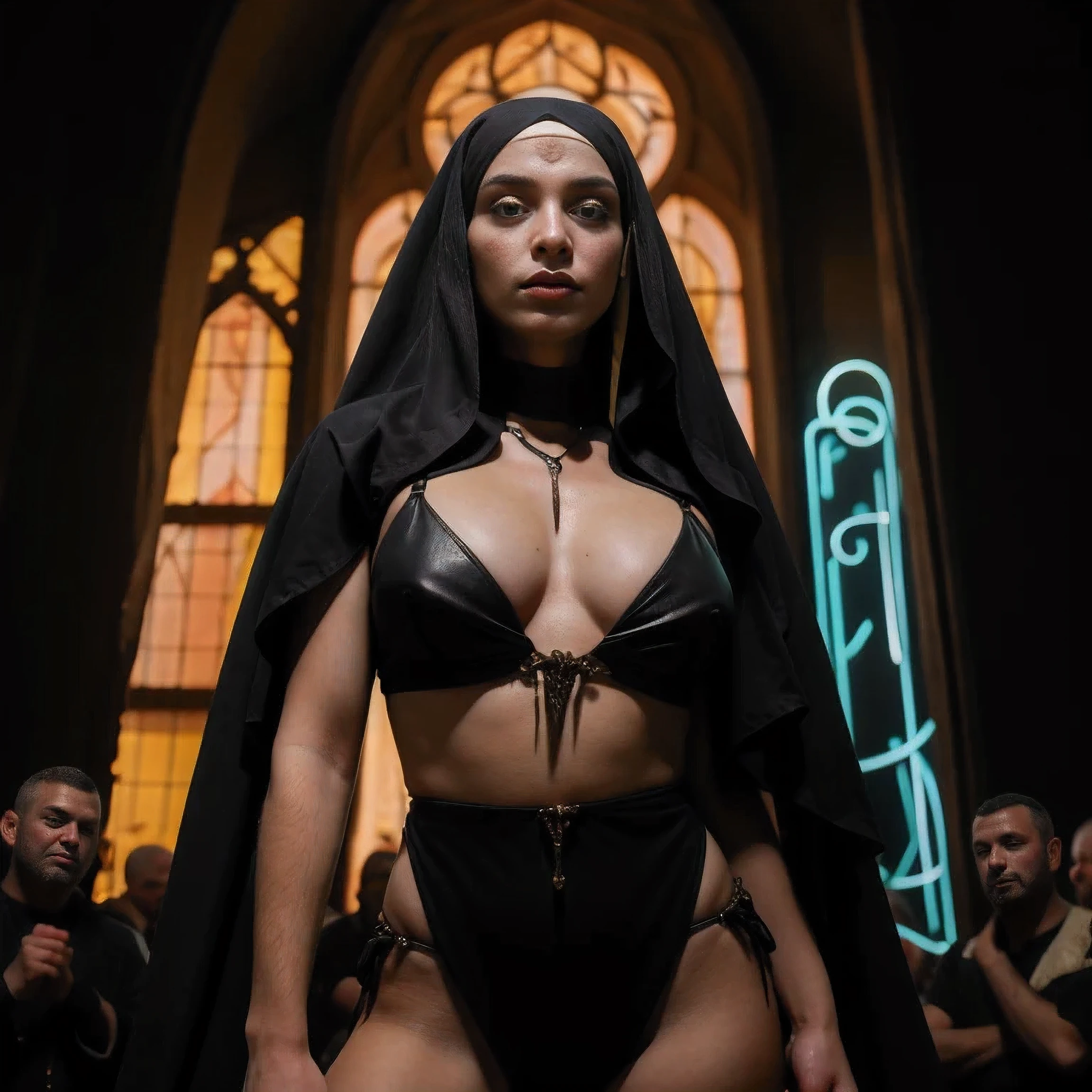 (in 8K，Raw photo，top-quality，超A high resolution，​masterpiece：1.2)，(Photorealsitic：1.37)， (Gothic nun huge breasts), Set in the 1990s, Surreal makeup, Leather clothes with bare naked breasts in front of a mosk with muslim men around her at night, neon light, Very dark, Horror, Red hue, Sony A7III, movie的ライティング, movie, grain, UHD Face, volumetric shadow