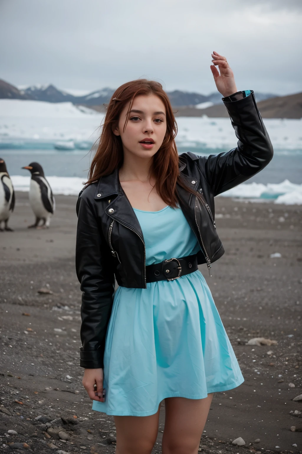Albanian girl with red hair, black leather jacket,  19 years old, wearing turquoise princess dress with purple ribbons on her waist, singing, in Antarctica, with penguins
