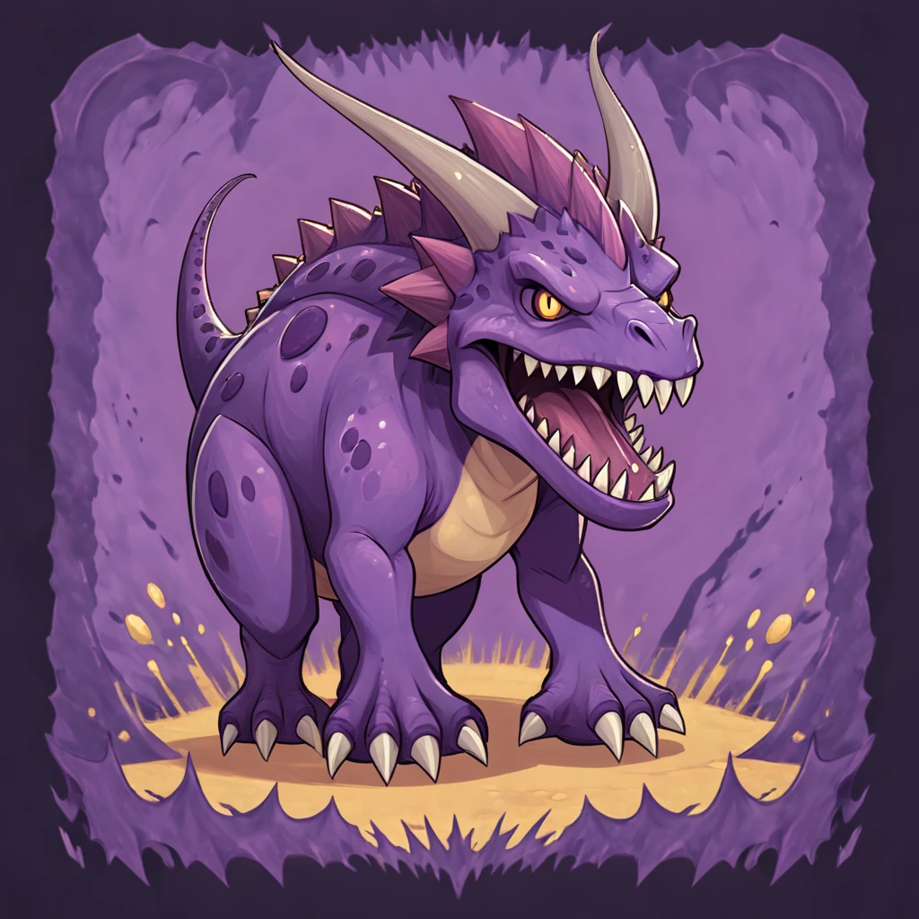 Purple Dinosaur with spikes fangs and horns and large ears dripping with toxic and thrashing against the world, in card art style
