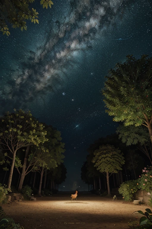 Create a scene showcasing the diverse and imaginative flora and fauna of Lumaria, including trees with color-changing leaves and animals with wings adorned with shimmering constellations.