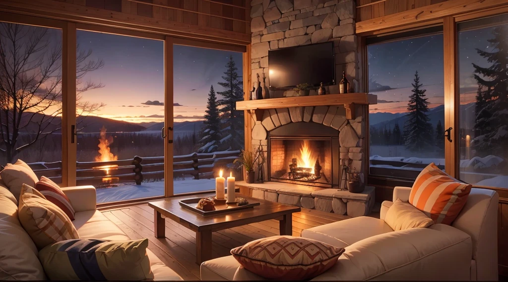 Wooden cabin living room anime background, this night outside](cozy atmosphere), (subtle lighting), bright stone fireplace fire, this best quality evening, transparent glass windows