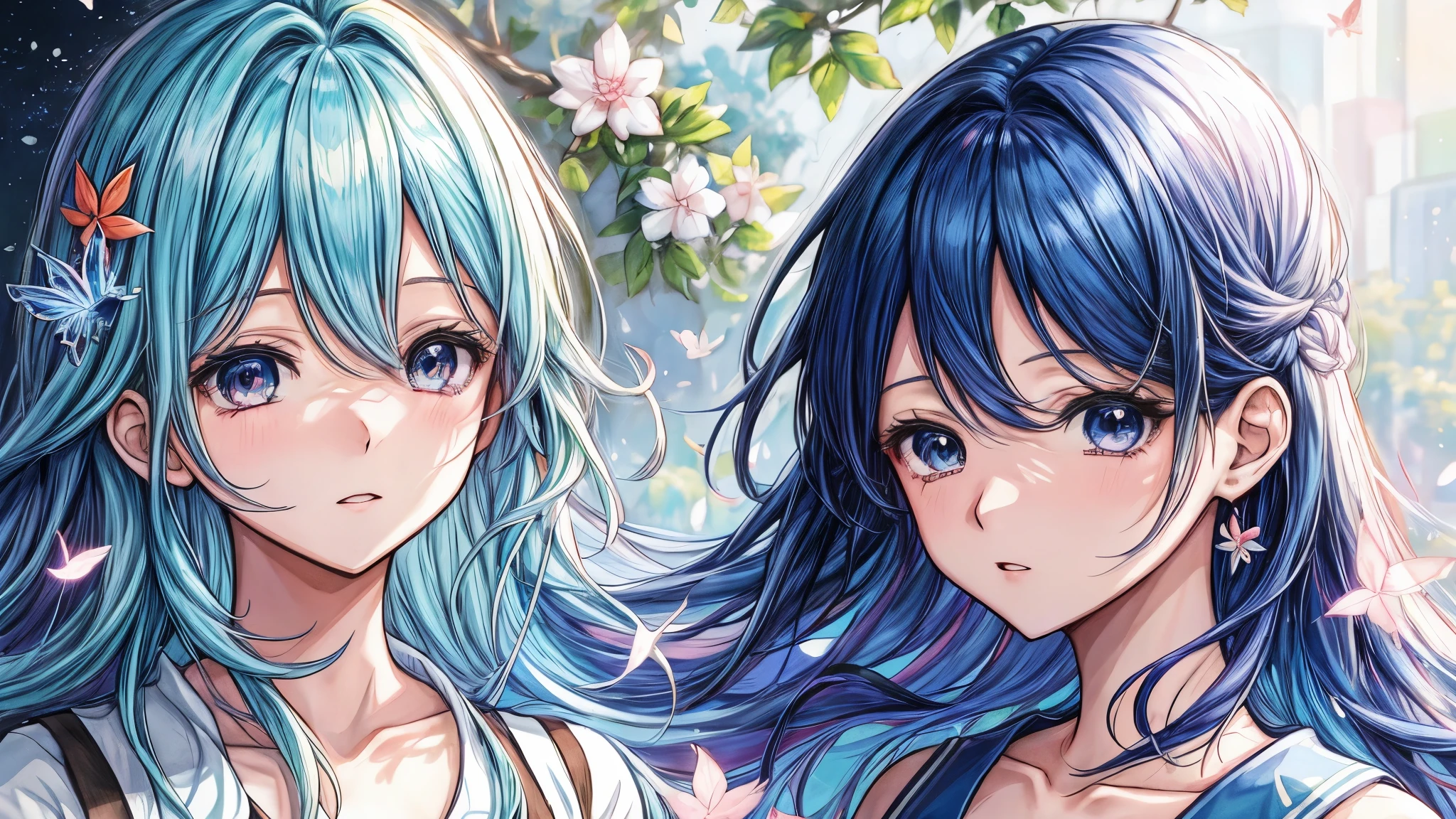 chica anime con cabello azul y ojos azules y una mariposa en el cabello, estilo anime 4k, Fondo de pantalla de arte anime 4K, Fondo de pantalla de arte anime 4k, arte de anime digital detallado, fondo de pantalla de arte anime 8 k, Fondo de pantalla animado 4K, Fondo de pantalla manga 4k, dos hermosas chicas anime, hermosas ilustraciones de anime, guweiz en artstation pixiv