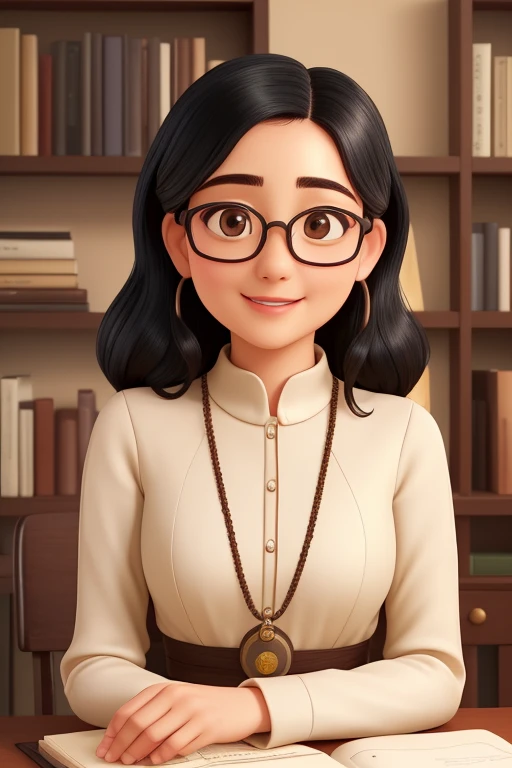 (highest quality,super detailed,realistic:1.37)oil、60 years old、information collector、laptop、black hair、Shortcuts to the shoulder、round face、Wear glasses、A gentle smile that envelops you、Unbleached beige round neck long sleeve dress、Highly curious、I love talking to people.。Bookshelf in background。soft lighting。