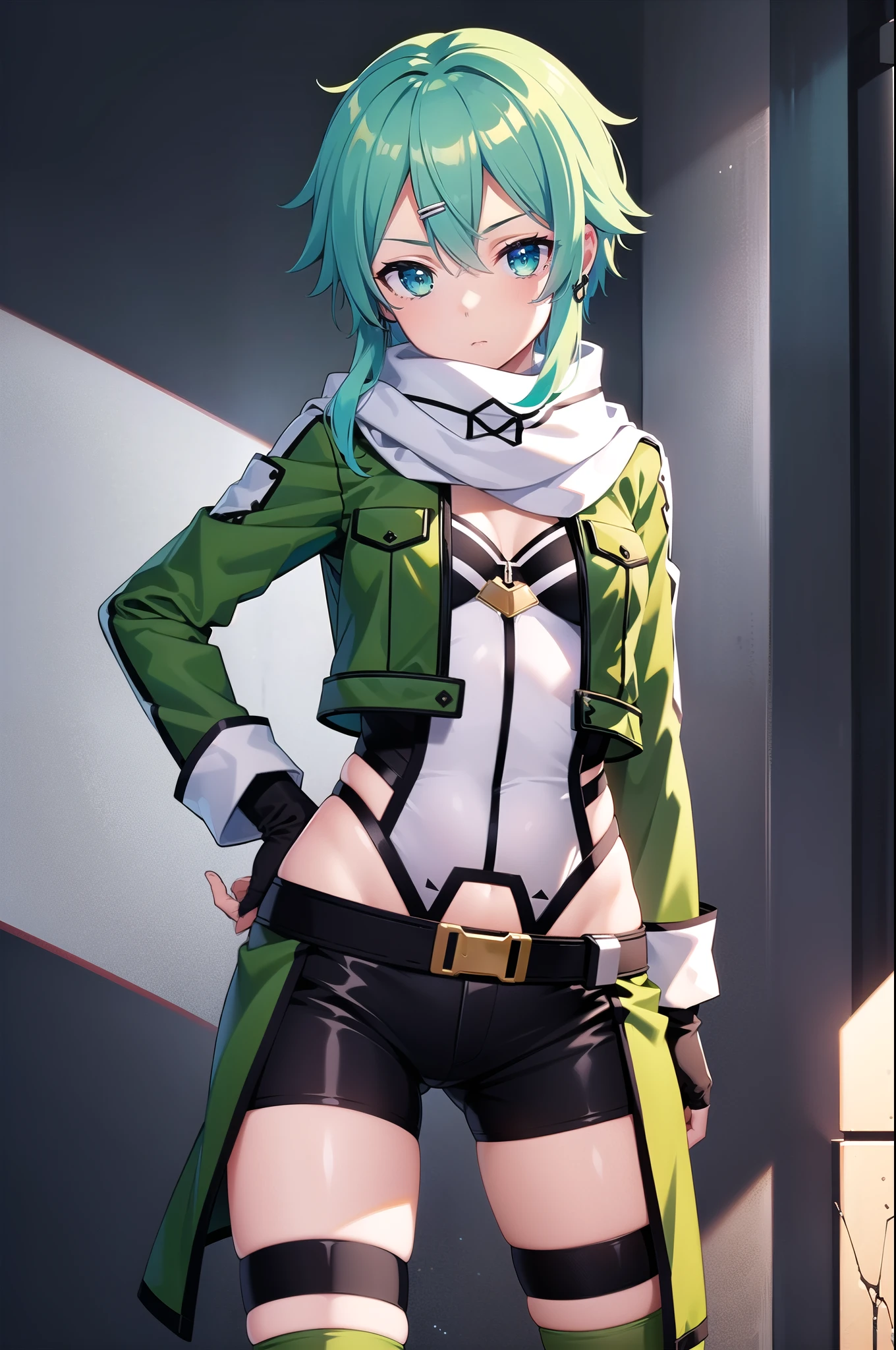 (masterpiece), best quality, expressive eyes, perfect face, highres, sinon1, scarf, fingerless gloves, long sleeves, short shorts, hair ornament, hairclip, green thighhighs, green jacket, thigh strap, hands on hip, field, ruins background, standing, cowboy shot, looking at the viewer