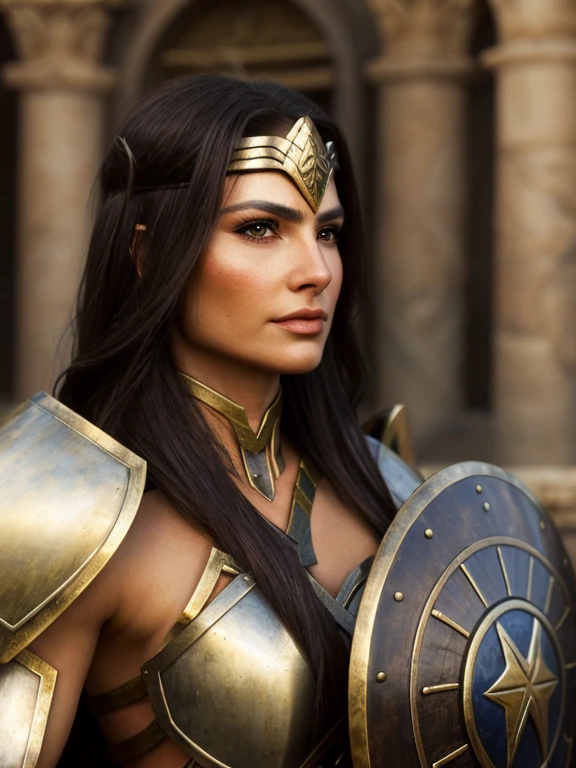 a close up of a woman in a costume holding a sword and shield, beautiful female warrior, warrior woman, a beautiful woman warrior, female warrior, warrior princess, portrait of wonder woman, warrior girl, greek amazon warrior, muscular warrior women, amazon warrior, warrior queen, north adult female warrior, barbarian warrior woman, artgerm ; 3d unreal engine, wonder woman