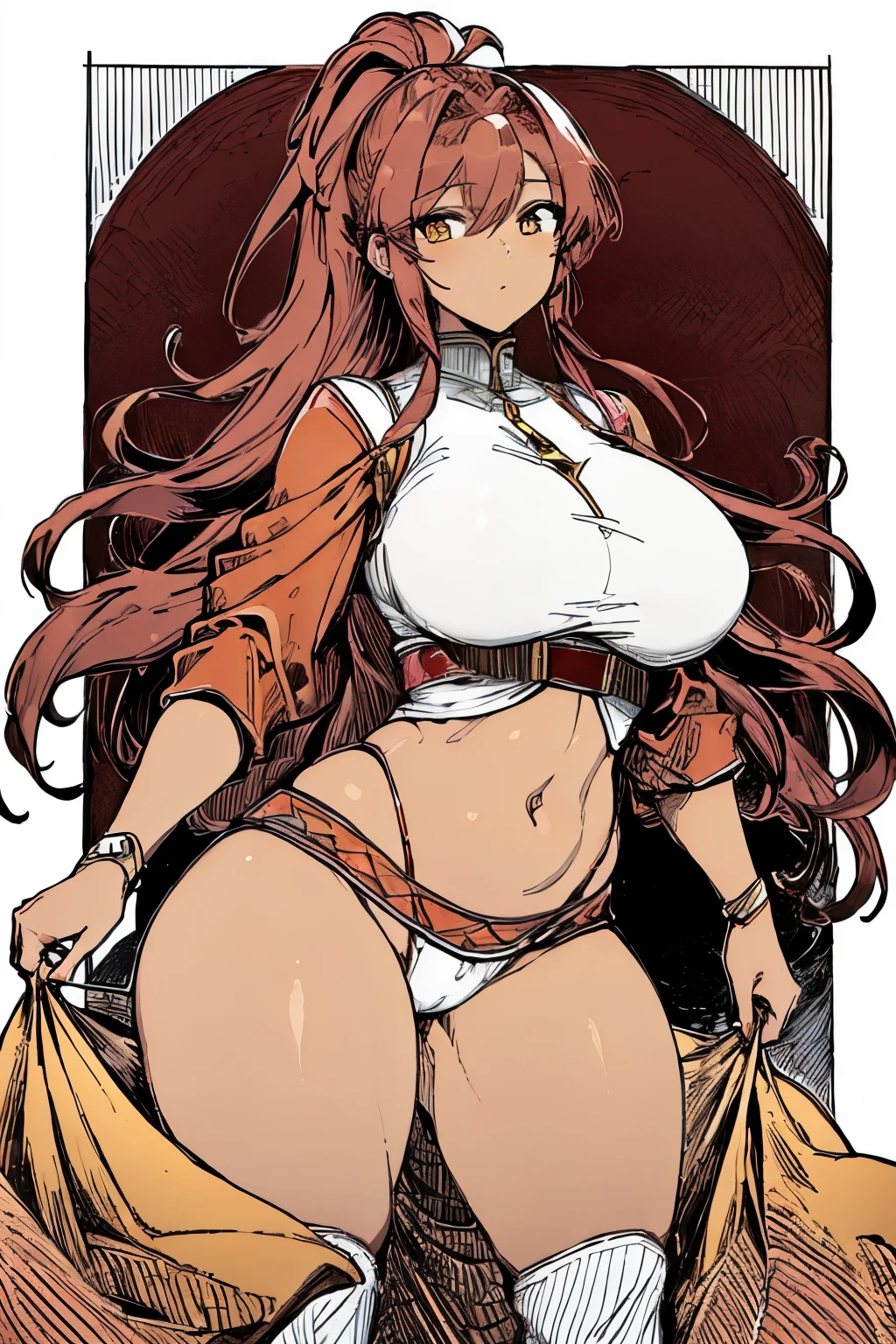 ((masterpiece,best quality)), Brown skin, yellow eyes, long red hair, big breasts, big hips, hair between eyes, hair flares out, 1girl, solo, brown-skinned female, red-haired female, front view, plump thighs, ponytail